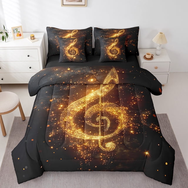 Musical Note Bed Set in a Bag 7 Pcs,Fashion Music Theme Starry Glitter Bedding Set,Romantic Neon Golden Sequins Print (Not Real) Comforter with Fitted,Flat Sheet,Pillowcase,Pillow Covers,Twin