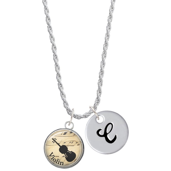 Delight Jewelry Silvertone Domed Music - Violin Silvertone Script Initial Disc - C - Charm Necklace, 20"+3"