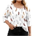 thumbnail image 3 of Plus Size Tops for Women Asymmetrical Square Neck with Button Detail Short Sleeve T-shirts Dressy Casual (XL, White-Feathers), 3 of 7