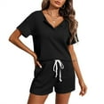 thumbnail image 6 of Two Piece Sets for Women Dressy Short Sleeve V-Neck Blouses & Shirts Sets Women's Home Clothing Pajama Set Knitted Fabric Short Sleeve Shorts Two-Piece Set Women Summer Outfits Black xxl, 6 of 9