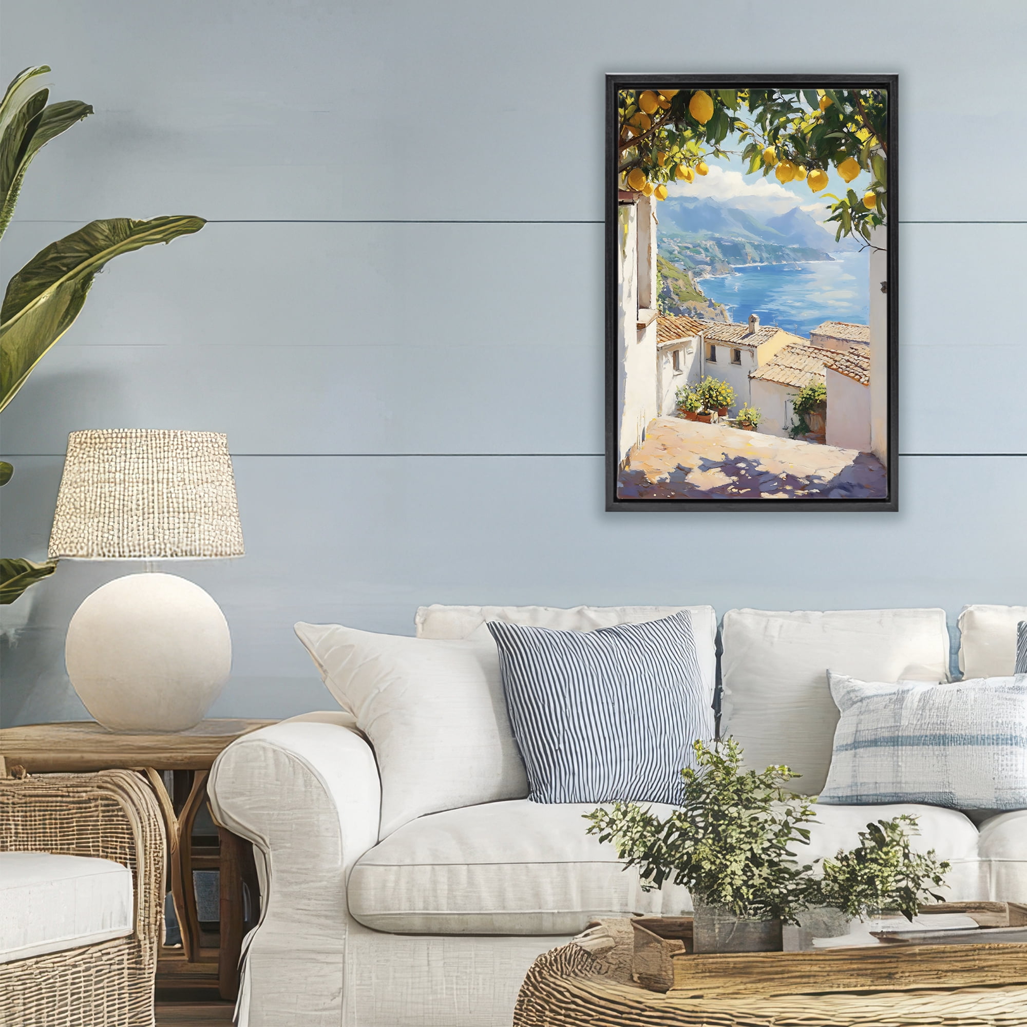 Stupell Industries Amalfi Coast Lemon Overhang Black Framed Floater Canvas Wall Art, design by LSR Design Studio