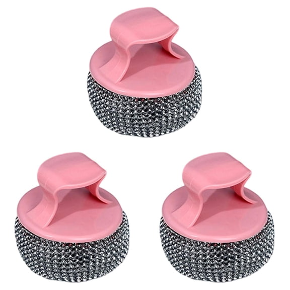 Stainless Steel Wool Scrubber with Handle, Heavy Duty Pot Scrubbers Dish Scrubber Cleaning Brush Wash for Dish, Stainless Steel Scrubbing Brushes Cleaning Supplies for Pots, Pans (Pink，3PCS)