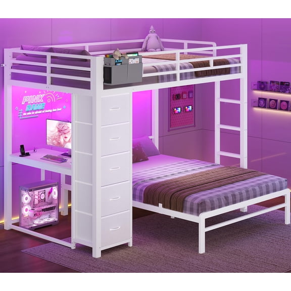 Afuhokles Bunk Bed with Desk, Full Over Full Bunk Beds with 5 Storage Drawers and Charging Station, White