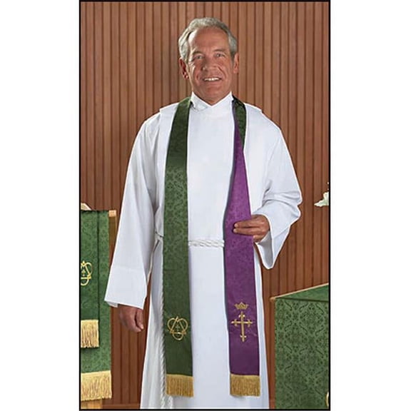 Purple and Green Embroidered Holy Trinity Cross with Crown Reversible Clergy Jacquard Stole