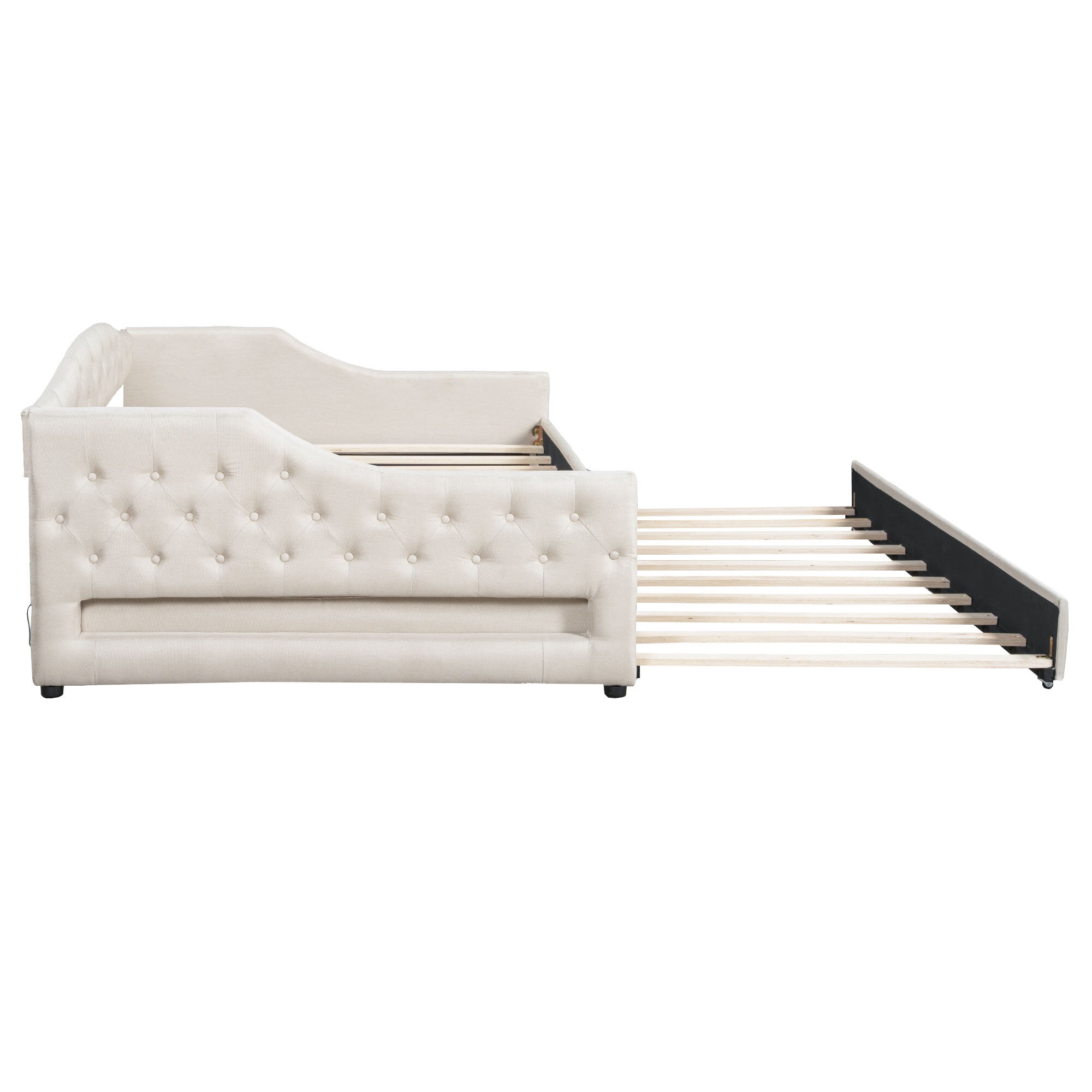 Euroco Upholstery Full XL Daybed with Trundle and LED Light, Beige