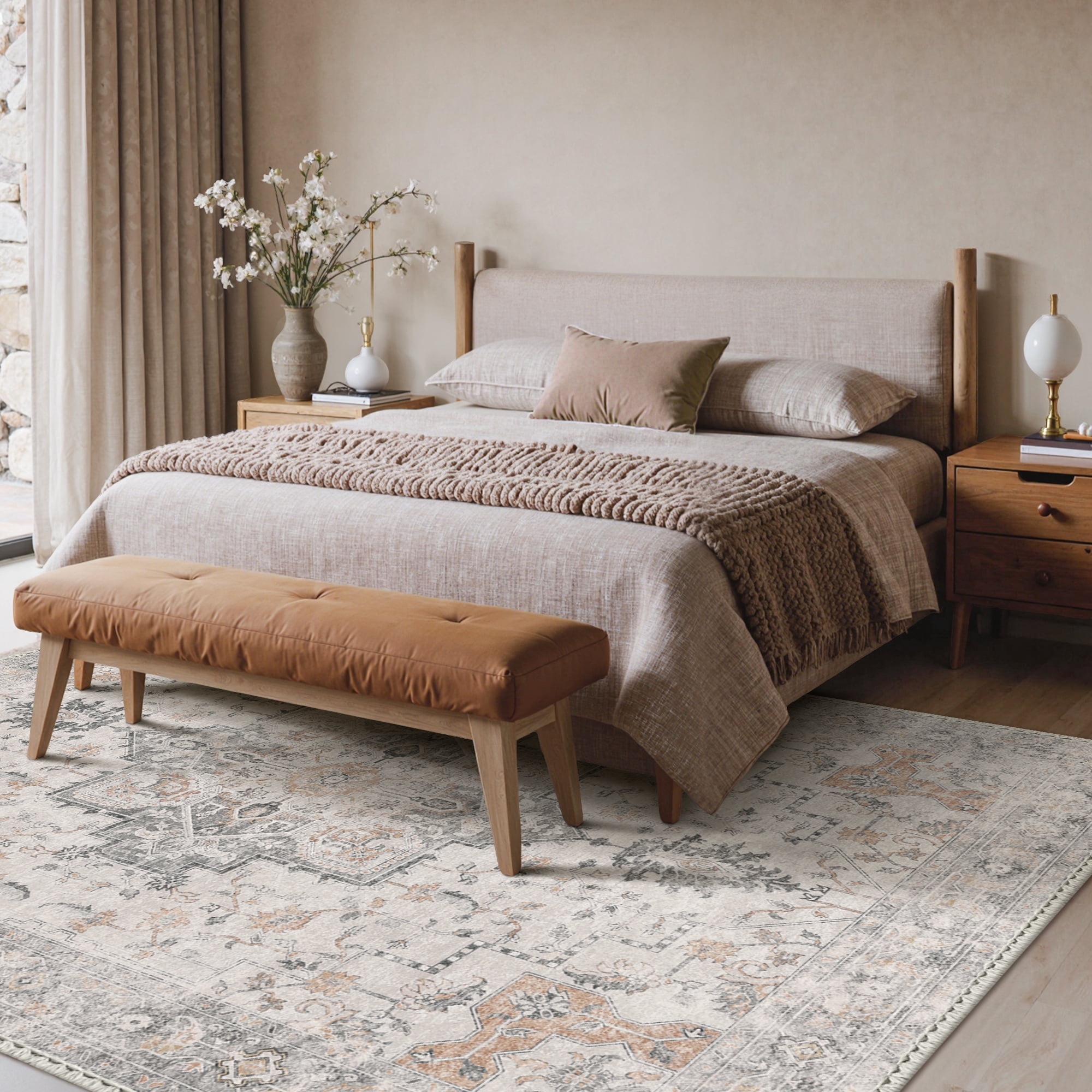 KUETH Modern Area Rug 8x10, Machine Washable Rugs for Living Room, Non Slip Carpet Printed, Low Pile, Light Taupe Brown