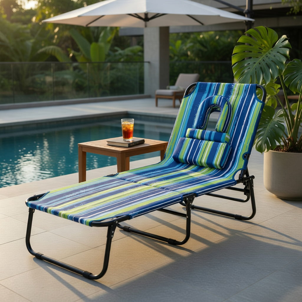 Hommoo Foldable Face-Down Tanning Chair with Adjustable Backrest, 3 Removable Pillows & Face Hole, Blue & Green
