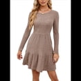 thumbnail image 3 of Vestido Corto Informal de Otoño de Larga para Mujer, de Punto Acanalado, Cuello Redondo, Fluido, Corte A, con Bolsillos Marrón S, 3 of 10