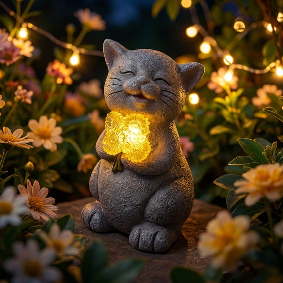Solar Cat Garden Statue with LED Sunflower, Healing Emotional Figurine Patio Balcony Yard Lawn Outdoor, Christmas Birthday Housewarming Gifts for Mom Grandma Women Cats Lover