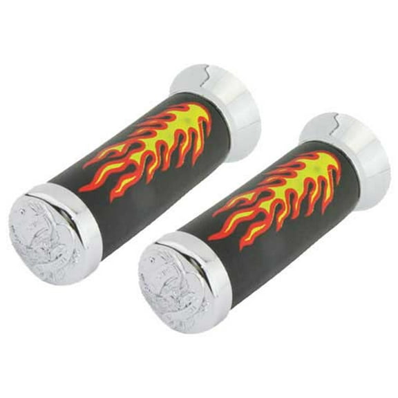 Grips W/Flames Black/Chrome Eagle. Bike grips, bicycle grips, lowrider grips, beach cruiser grips, mountain bike grips