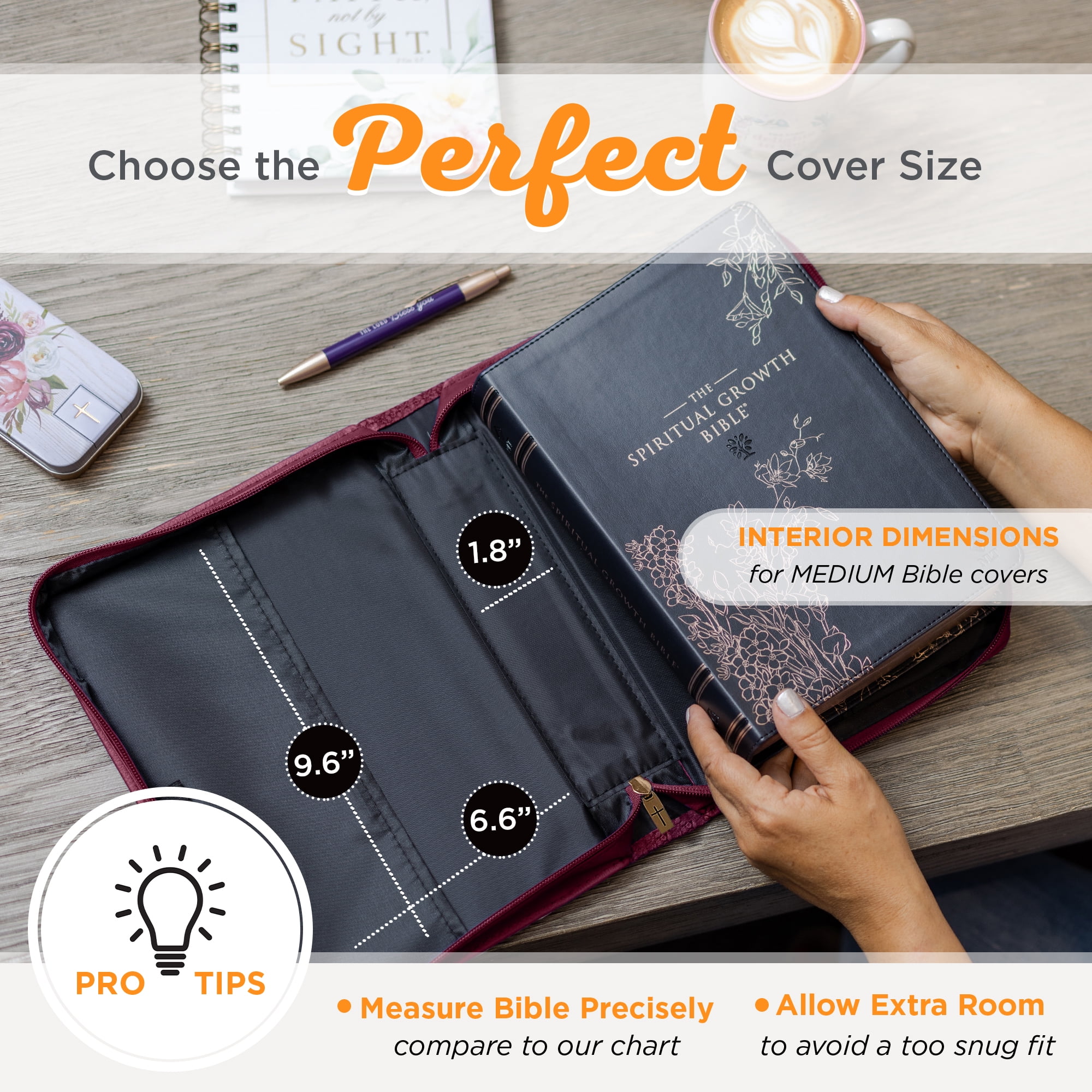 Christian Art Gifts Protective Maroon Floral Faux Leather Bible Cover Carry Case with Handle for Women: Walk by Faith - 2 Corinthians 5:7 Inspirational Bible Verse Zippered with Pocket, Medium