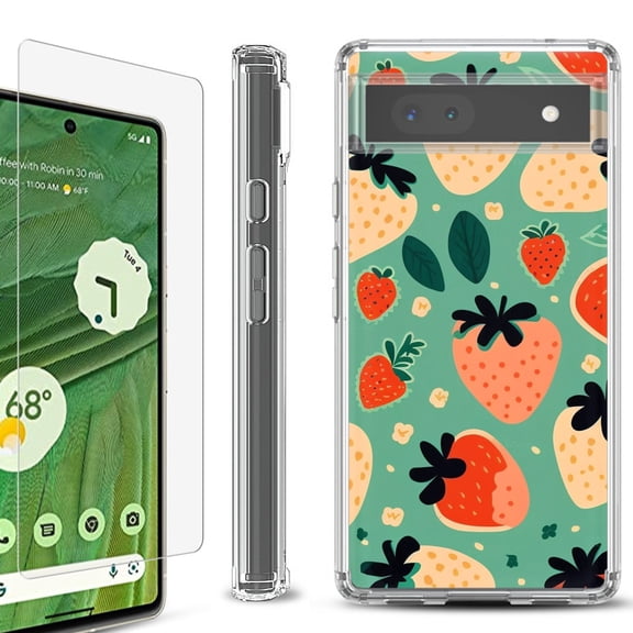 Shockproof Bumper Phone Case for Google Pixel 6a, with Tempered Glass Screen Protector, by OneToughShield ® - Stawberry Mix