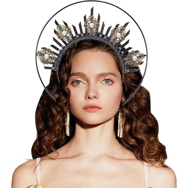 Tocado de corona de halo de María negra, tocado de diosa de corona de estrella, diadema de diosa griega de aro de cabeza de reina Sunburst
