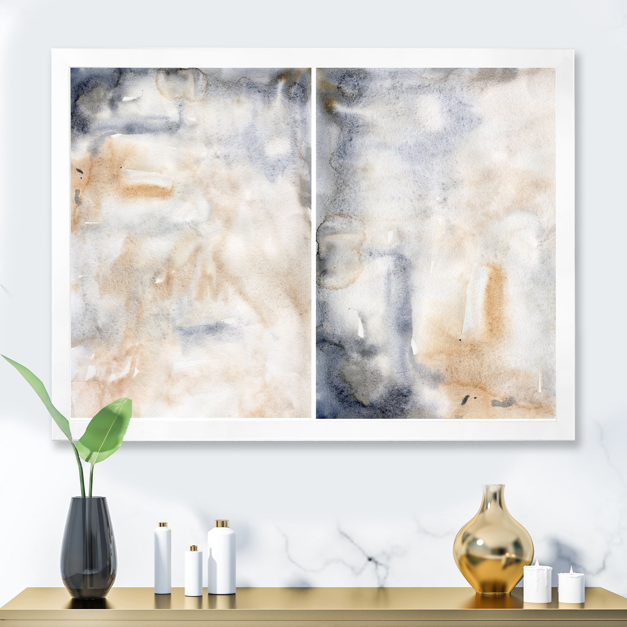 Designart 'Abstract Paste With Dark Blue and Beige' Modern Framed Art Print