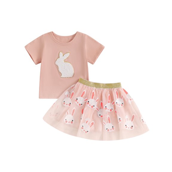 Michellecmm Toddler Girls 2Pcs Easter Outfits Short Sleeve Bunny Embroidery Tops Mesh Skirt Set Baby Clothes