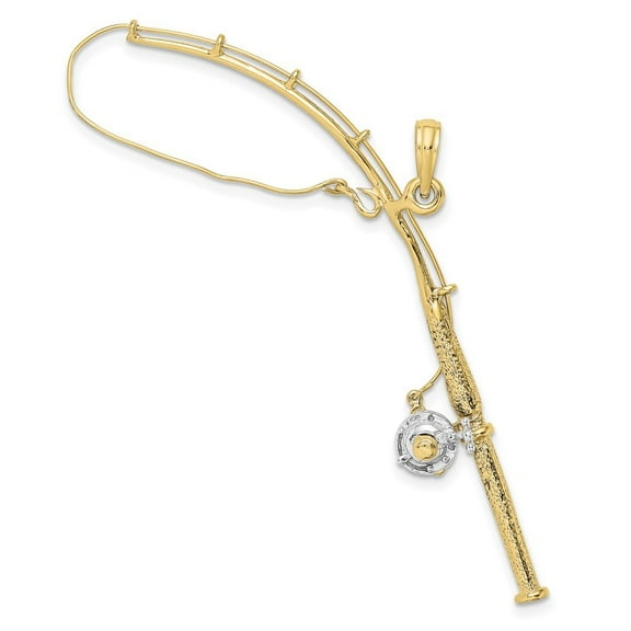 Auriga 10K Yellow Gold 3-D Moveable Fishing Pole Reel Pendant for Women (L-70.55 mm,W-17 mm)