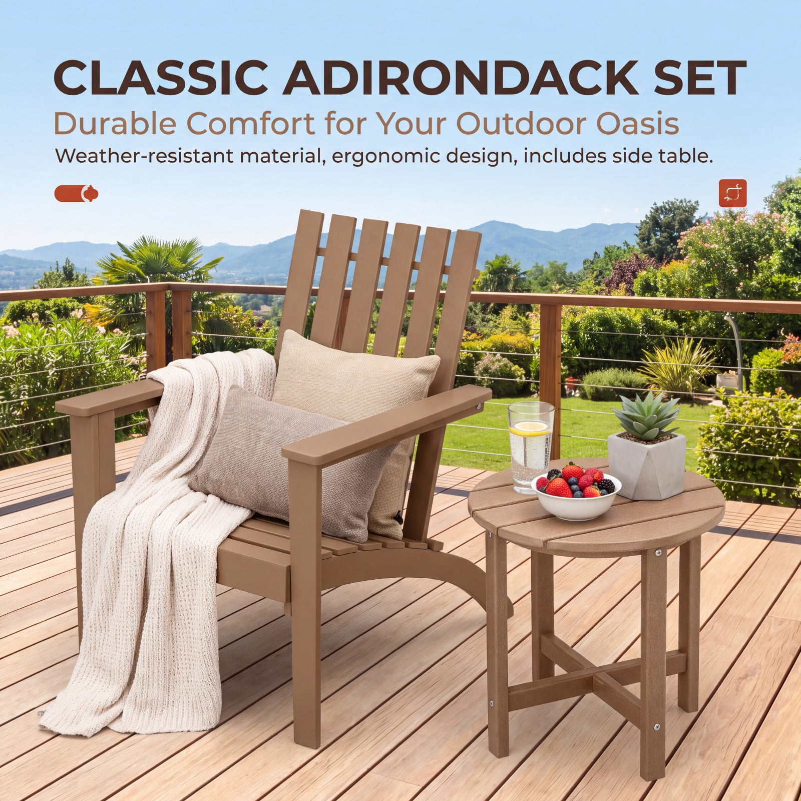 Furnibear 18 Inch Round Weather Resistant Adirondack Outdoor Side Table with Slatted Top for Patio Deck and Garden Seating, Brown