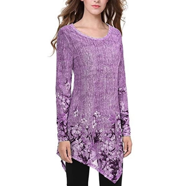 BJYX T-shirt Femme en Maille Imprimée Florale Ourlet Irrégulier Tunique Pull Manches Longues Col Rond Blouses