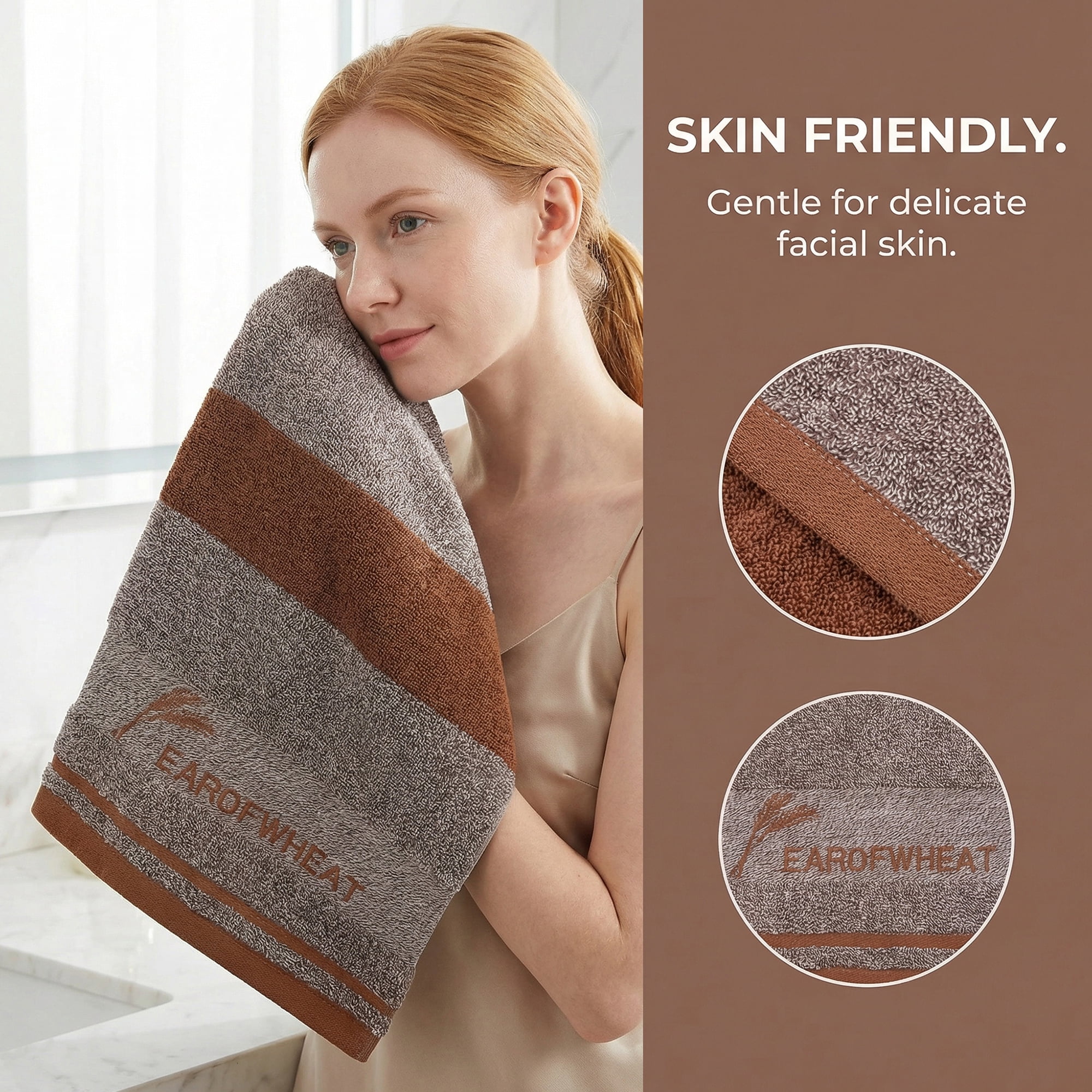 Unique Bargains Ear of Wheat Stripe Cotton Soft Absorbent Hand Towel Brown 4pcs 29" x 13"