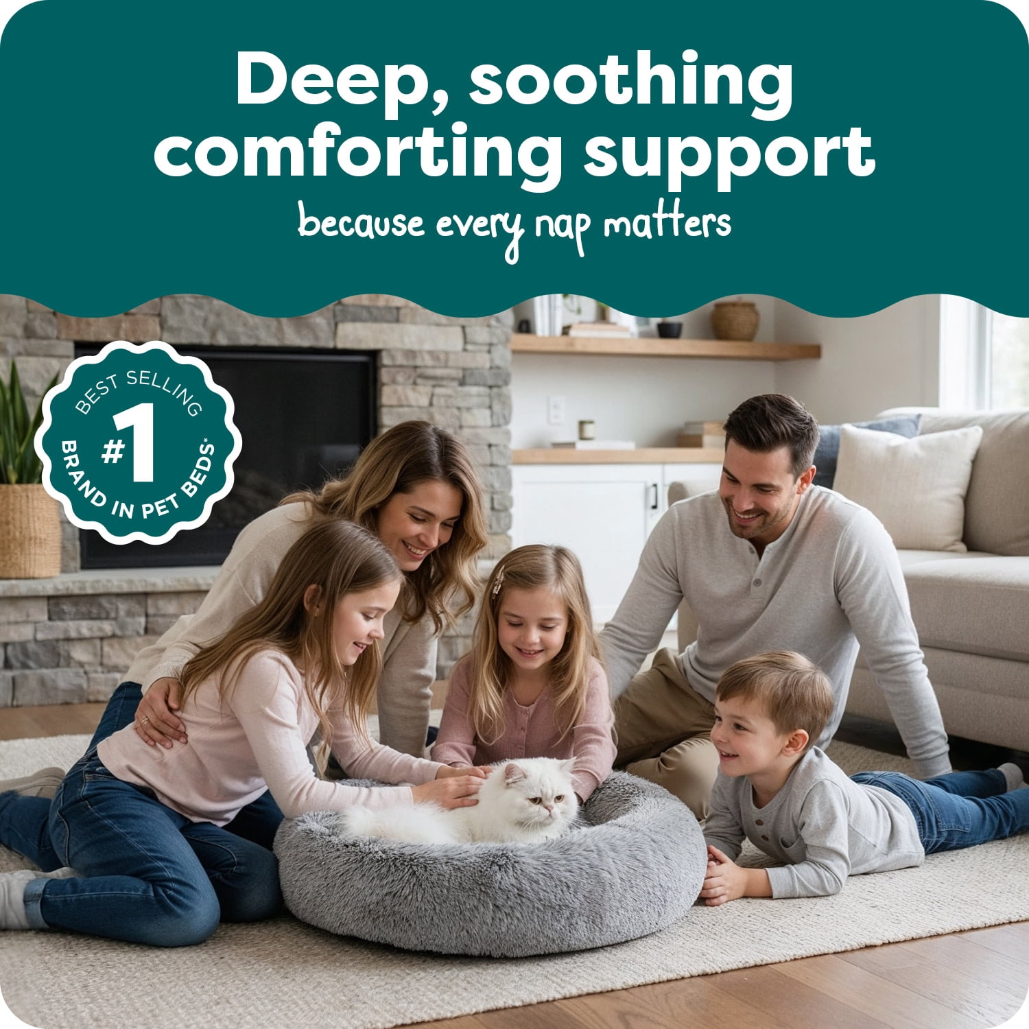 Furhaven 23" Round Calming Donut Dog Bed with Washable & Removable Cover & Bolster - Shaggy Plush Long Faux Fur Ball Bed - Mist Gray, For Dogs Up to 20 lbs, Small