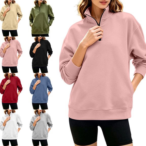MLCDZ Women's Casual Lightweight Oversized Half Zipper Collared Sweatshirts Long Sleeve Solid Color Pullover Jackets with Pockets