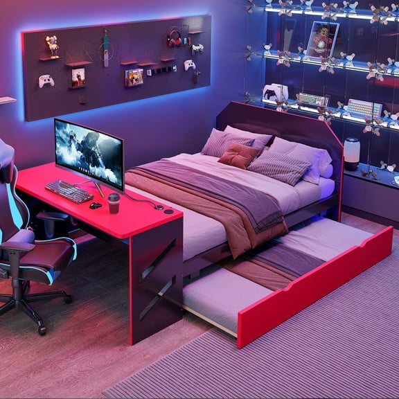 Full Size Daybed with Trundle, Wooden Gaming Platform Bed with Desk and Charging Station, Solid Wood Support, No Box Spring Needed, Red