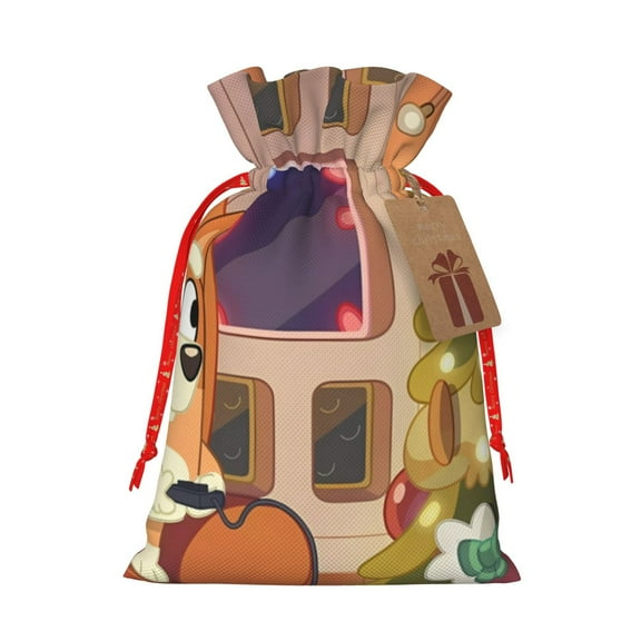 Masiiu Bluey Print Christmas Gift Bag, Burlap Drawstring Pouch with Kraft Paper Card for Holiday, Party, and Birthday Wrapping-Small