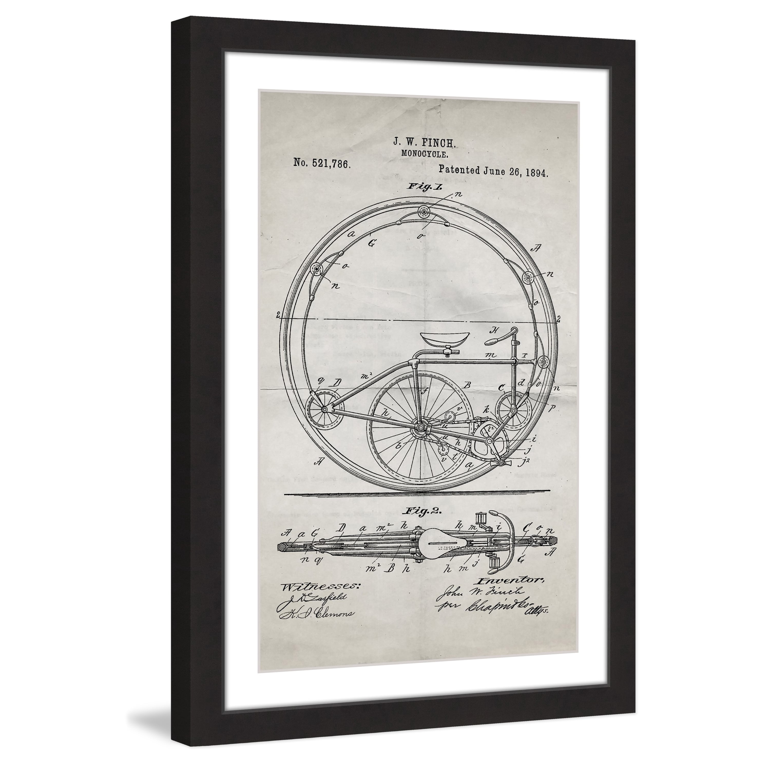 "Monocycle 1894 Old Paper" Framed Painting Print