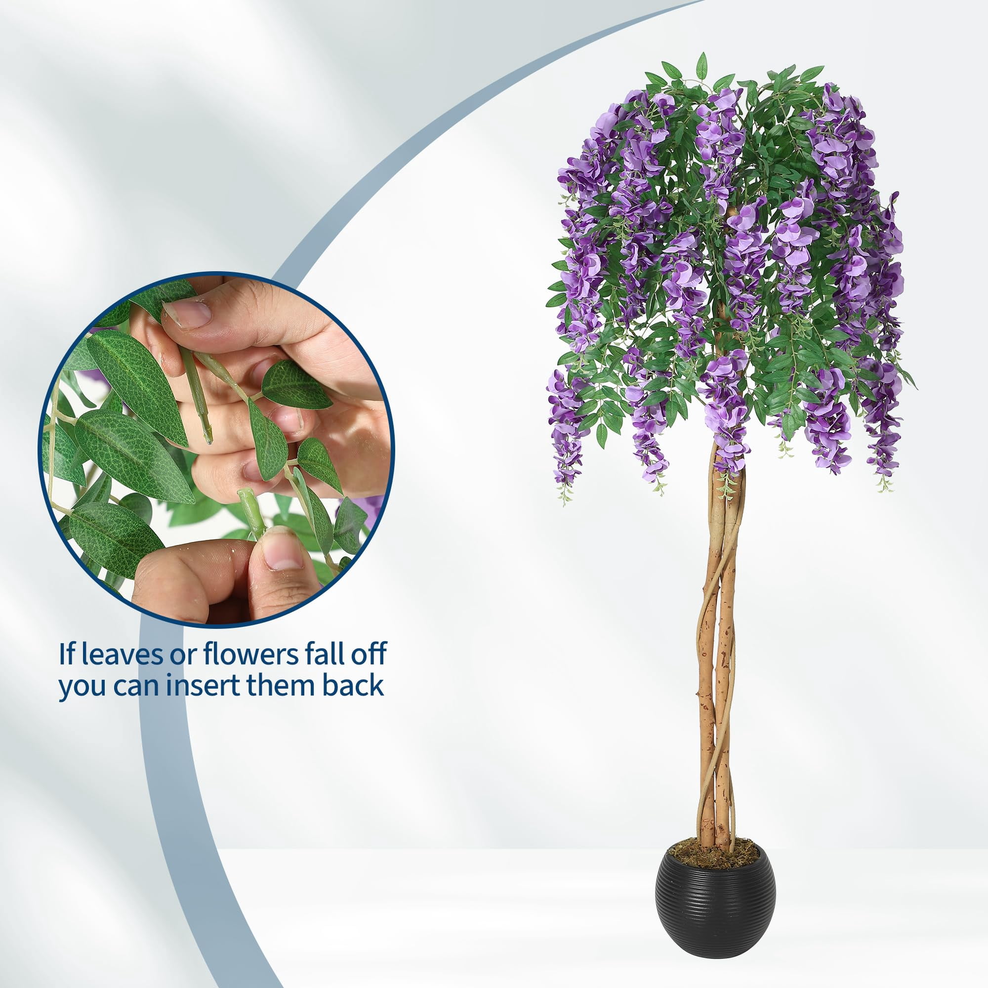 Huisuilinss Artificial Purple Blossom Tree,Artificial Purple Bean Flower Tree,Potted Faux Flower Tree,Silk Faux Plant Fake Tree With Double Trunk,Hanging Vine,Moss For Office Wedding Photo Backdrop