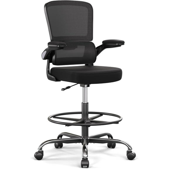 Ergonomic Drafting Chair with Footrest,Tall Office Chair for Standing Desk with Flip-up Armrests with Breathable Comfy Mesh Support and Adjustable Foot Rest Ring(Black)
