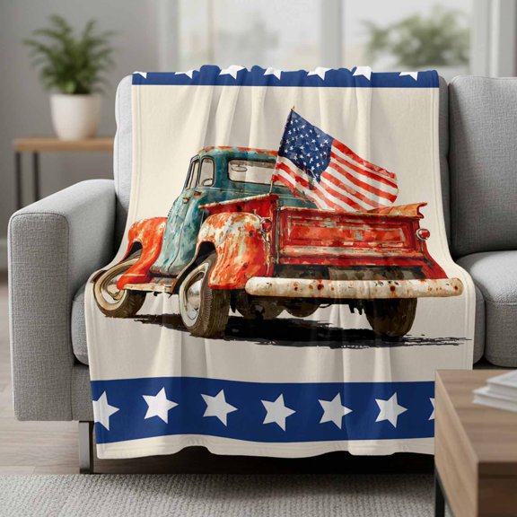 Flannel Blanket Retro Truck American Flag Soft Lightweight Throw Blanket Industrial Patriotic Star Striped Cozy Blanket for Bed Couch Sofa Bedroom Living Room 30" x 40"