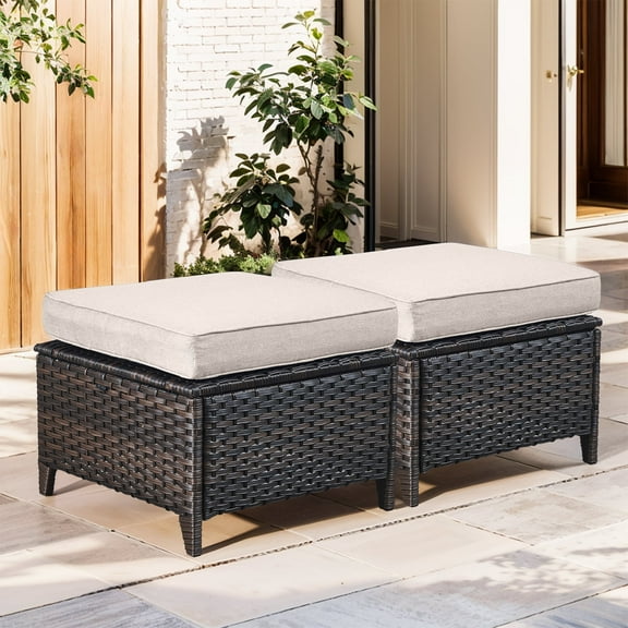 Planntonneo Outdoor Wicker Ottoman Set of 2, Patio Rattan Footrest Seat with Beige Cushions, Brown Wicker