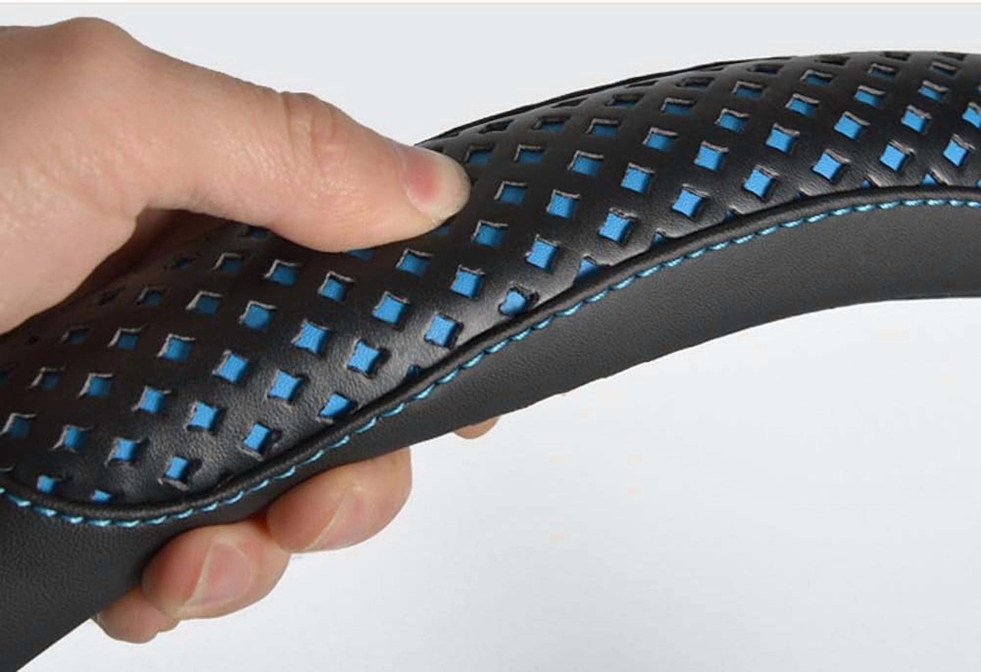 Car Steering Wheel Cover Hole Perforation Anti-Slip Universal 15 Inches Leather for Women, Black Blue