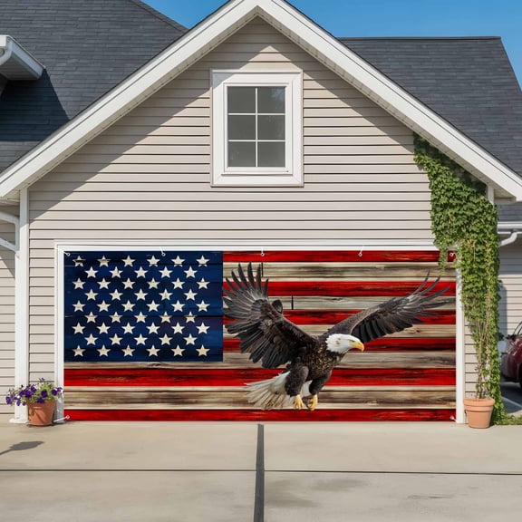 American Flag Garage Door Cover Banner 7 x 8 FT, Eagle Blue Red USA Flag Retro Garage Door Curtains Backdrop with Grommets for Indoor Outdoor Wall Party Porch Yard Decorations Background