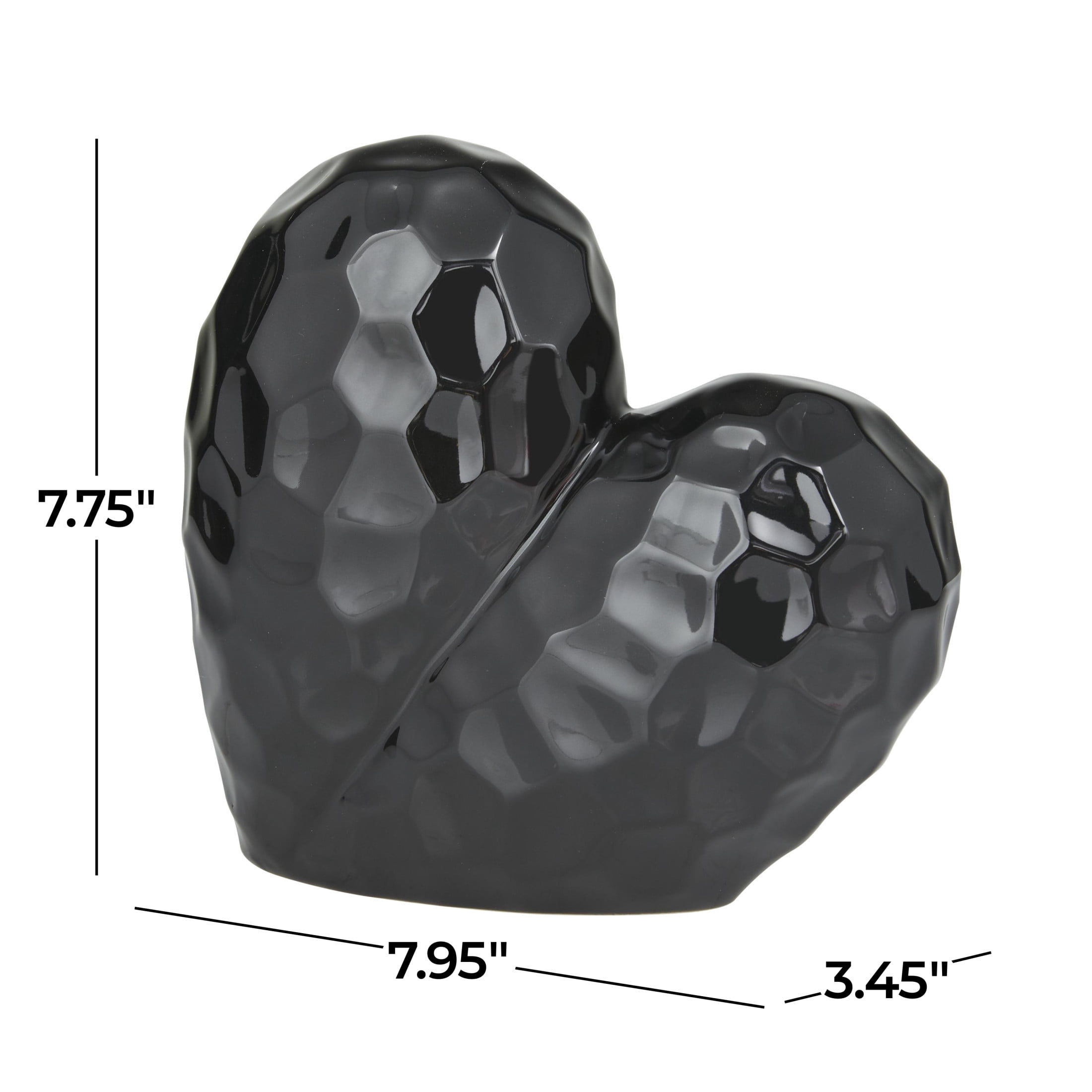 8" x 8" Black Porcelain Ceramic Dimensional Angled Origami Inspired Heart Sculpture, by DecMode