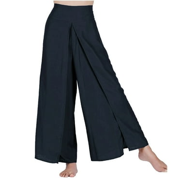qILAKOG Women's Wide Leg Lounge Pants with Pockets Lightweight Linen Women's Solid Cotton Linen Loose Wide Leg Pants Solid Elastic Waist Split Pants Dark Blue S