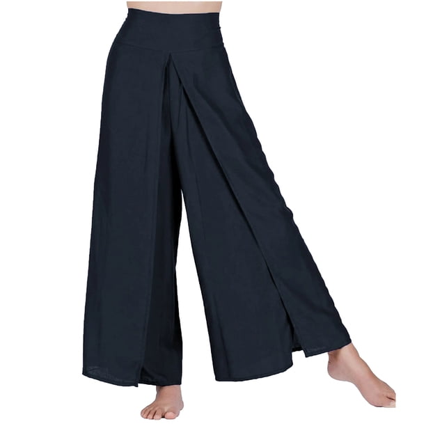 ICHUANYI Clearance Women's Solid Cotton Linen Loose Wide Leg Pants Solid Elastic Waist Split Pants(Dark Blue, L) ICHUANYI WER2023080915961