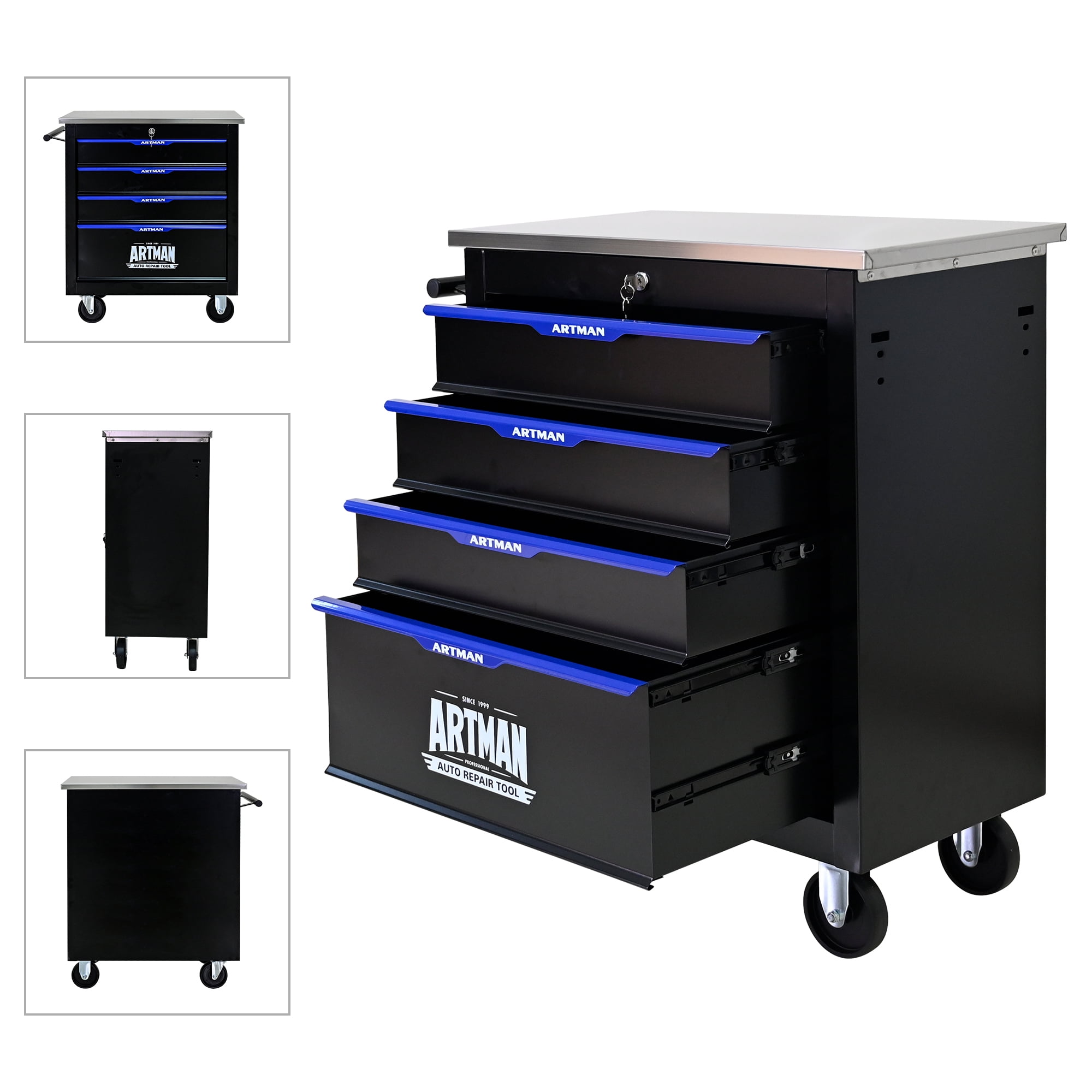 POVANLi 4 Drawers Multifunctional Tool Cart with wheels,Key Locking and 4 Toolbox On Wheels, Metal,Suitable for Garages,Warehouses,Workshops,Repair Shops(Black+Blue)