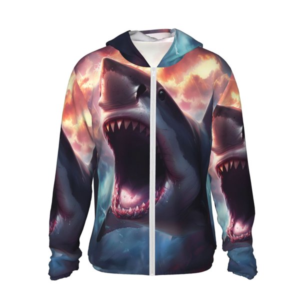 Fotbe Dramatic Shark Attack Chaqueta con Protección Solar UPF 50+ para Hombre y Mujer, Camisa con Capucha y Bolsillos-3X-Large