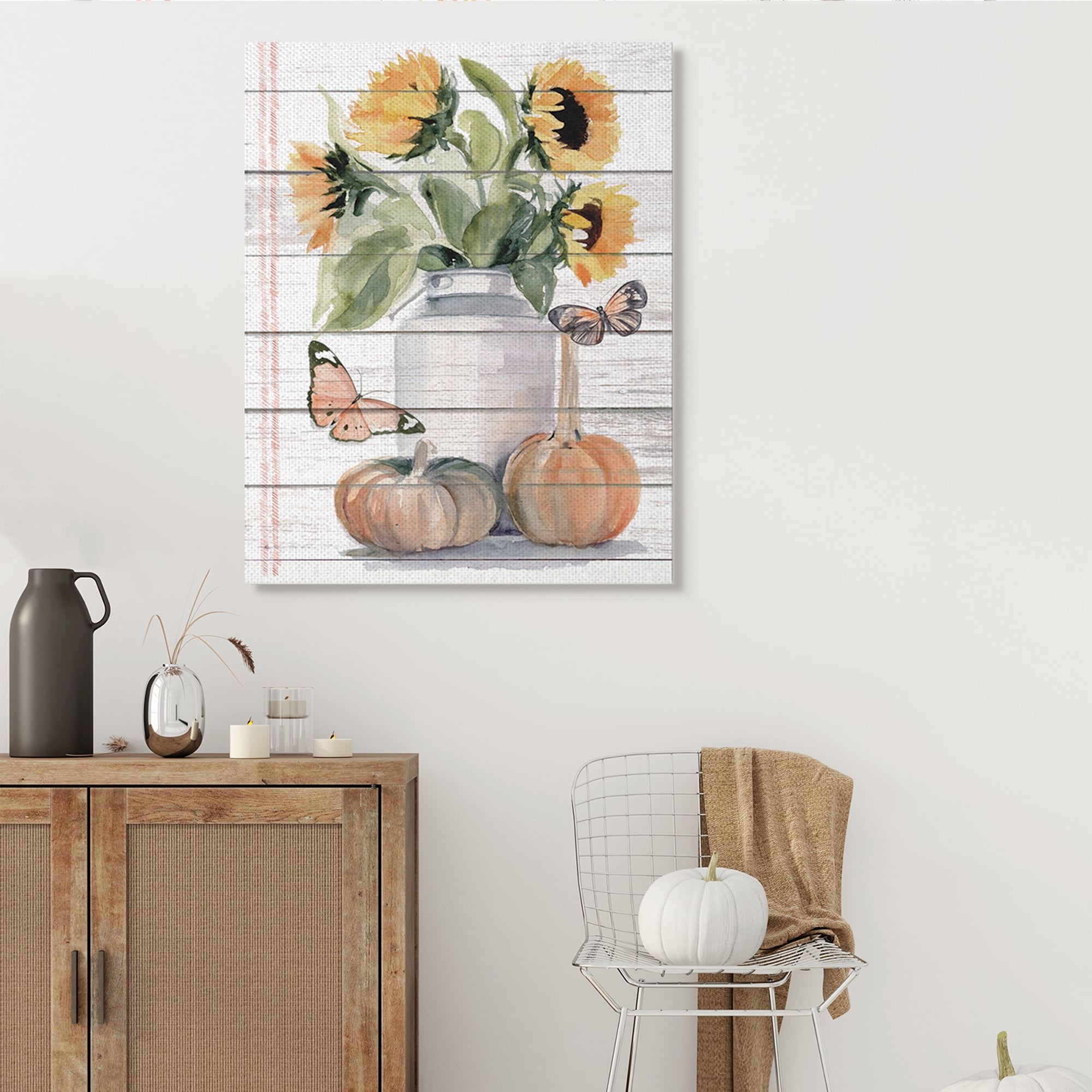 Stupell Industries Autumn Sunflower Jar Orange Monarch Butterflies Botanical & Floral Painting Gallery Wrapped Canvas Art Print Wall Art, 36 x 48