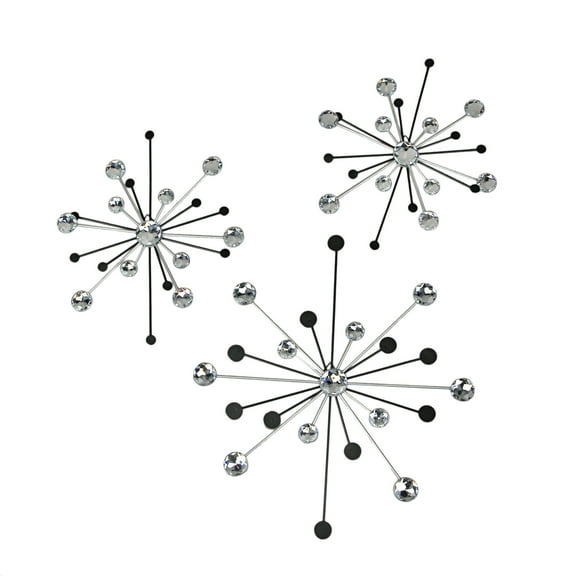 Zeckos Black Silver Metal Jeweled Atomic Starburst Wall Décor Set of 3