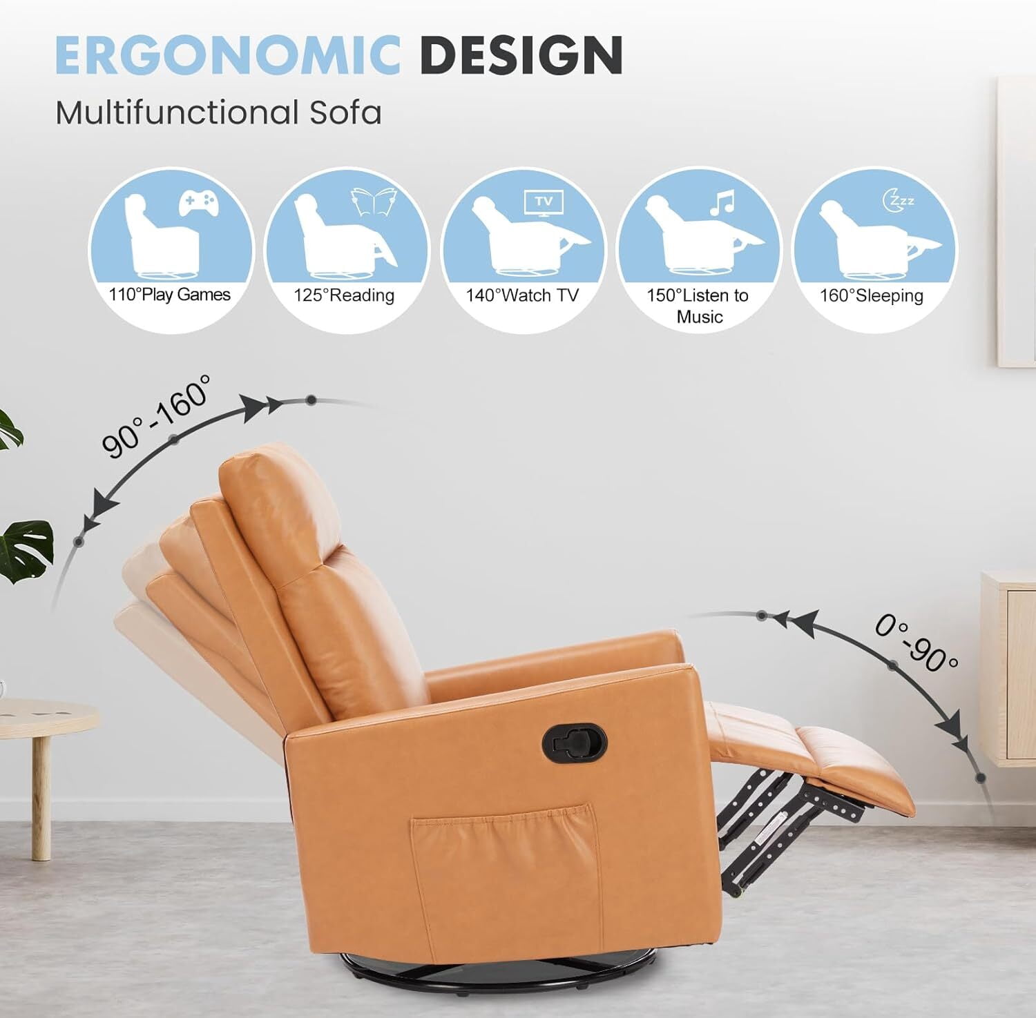 AENKYO Recliner Chair Swivel Rocking for Living Room, Glider Rocker with Extra Large Footrest - Brown