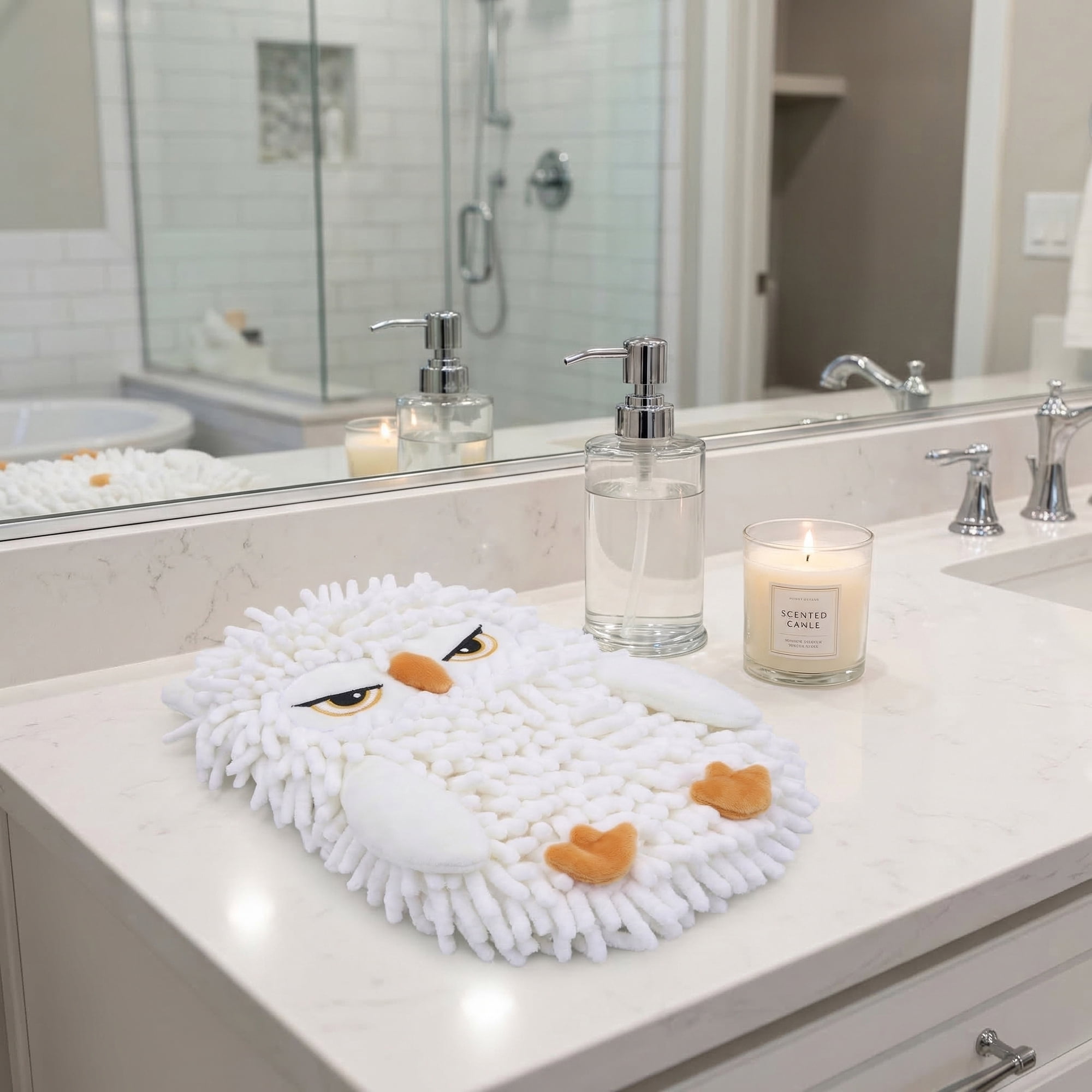Unique Bargains Cute Owl Shaped Soft Chenille Hanging Hand Towels White 11" x 9"