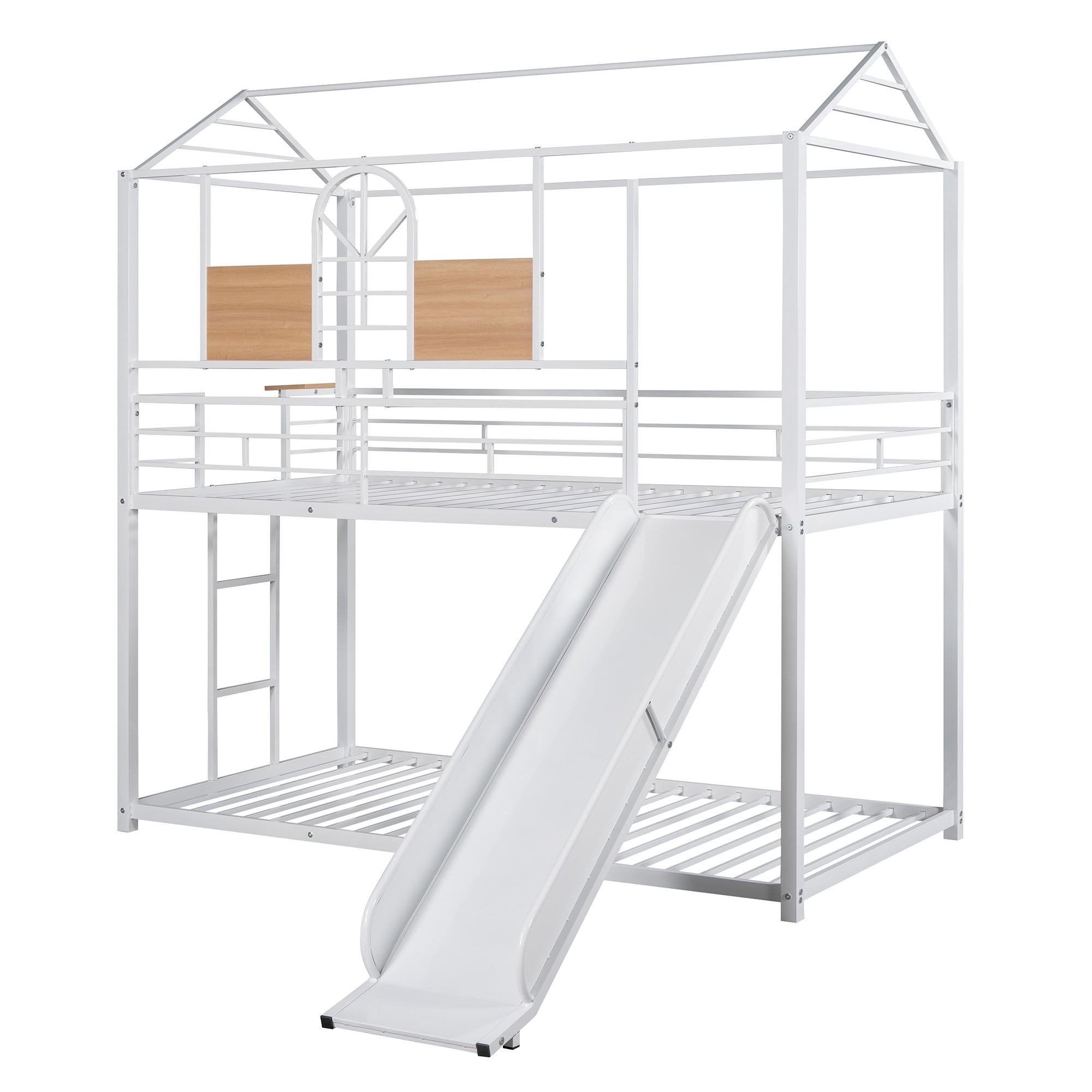 Aukfa Twin over Twin Bunk Bed with Slide, Metal House Bunk Bed for Kids Teens - White