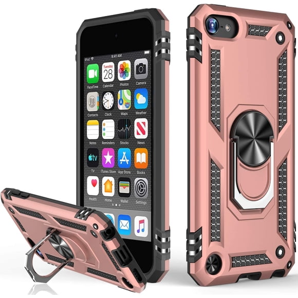 [PST] iPod Touch 5 / 6 / 7 Kickstand Rotating Ring Case, Heavy Duty Drop Protection Hybrid Shock Absorption Rugged Hard Phone Case Cover with Ring Stand Fits Magnetic Car Mount