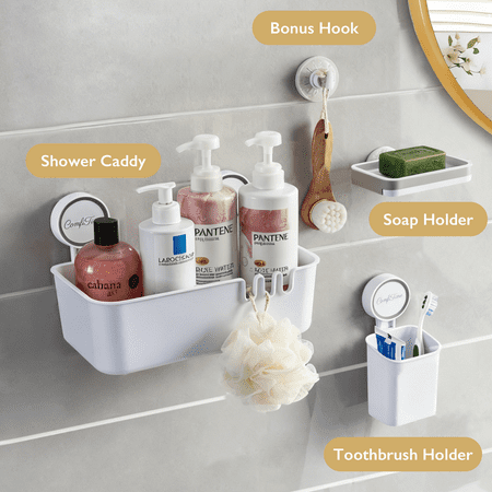 ComfiTime Suction Cup Shower Caddy & Double Soap Holder Set – No-Drill No-Adhesive Durable Bathroom Shelf Organizer Removable Plastic Bathtub Caddy Inside Shower Storage Rack Holds Up to 22 lbs