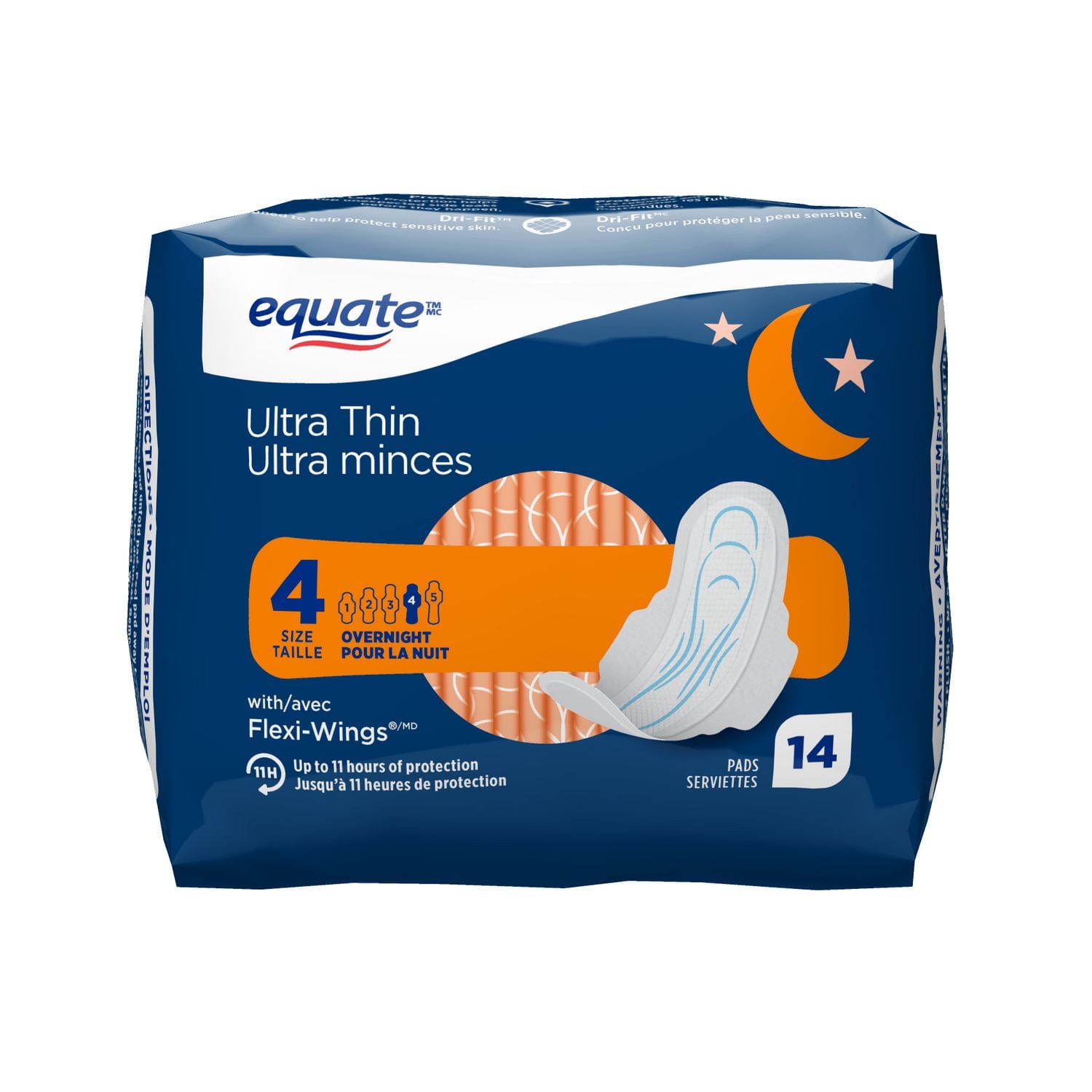 Equate Overnight Absorbency Ultra Thin Pads With Flexi-Wings, Size 4, 14 Count, 14 Size 4 Ultra Thin Pads Unscented With Flexi-Wings