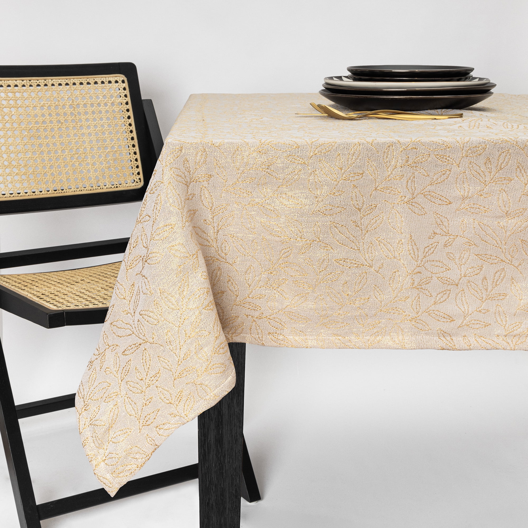Thyme & Table 84" Rectangle Tablecloth, Cream and Gold Leaf