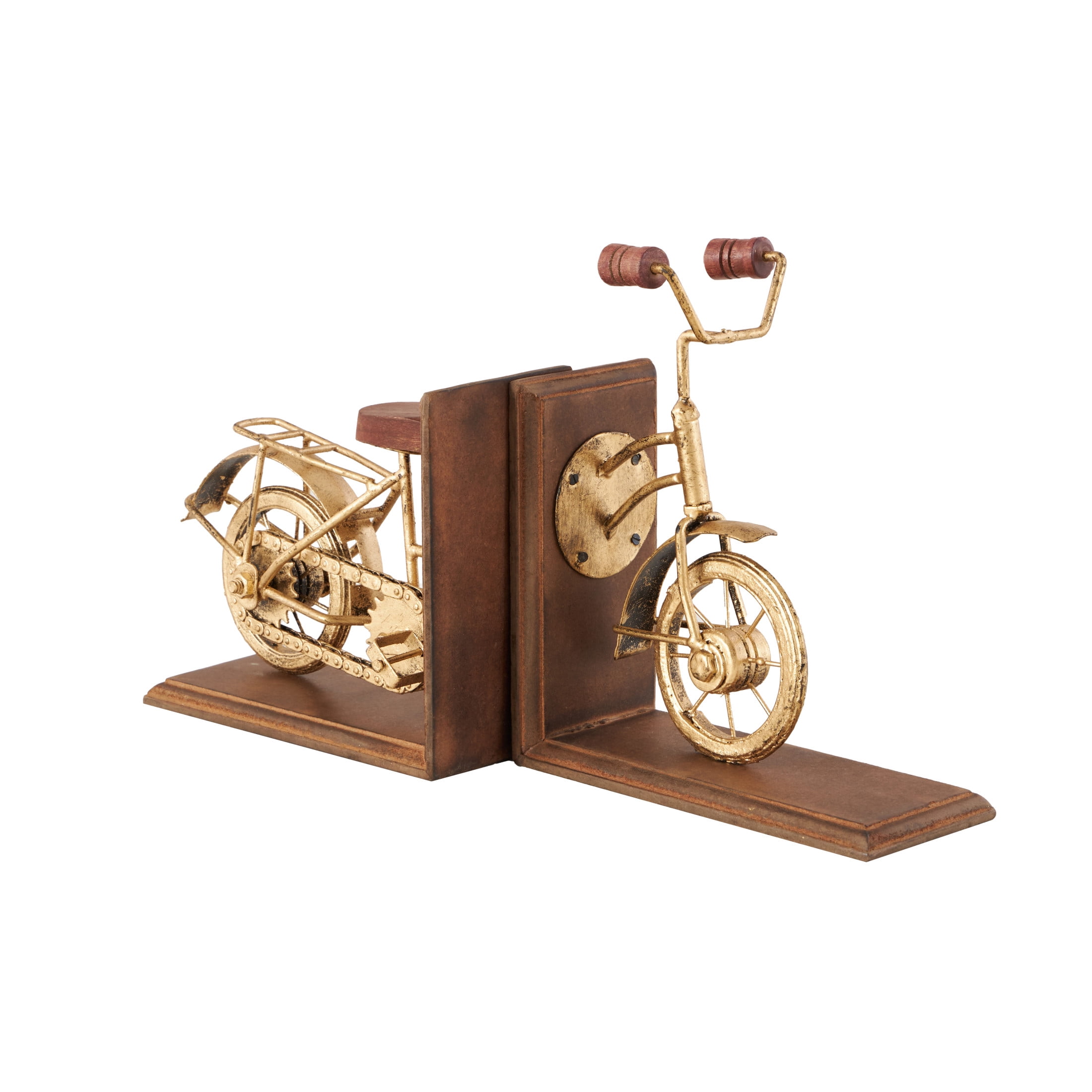 DecMode 7" Bike Brass Wood Bookends (Set of 2)