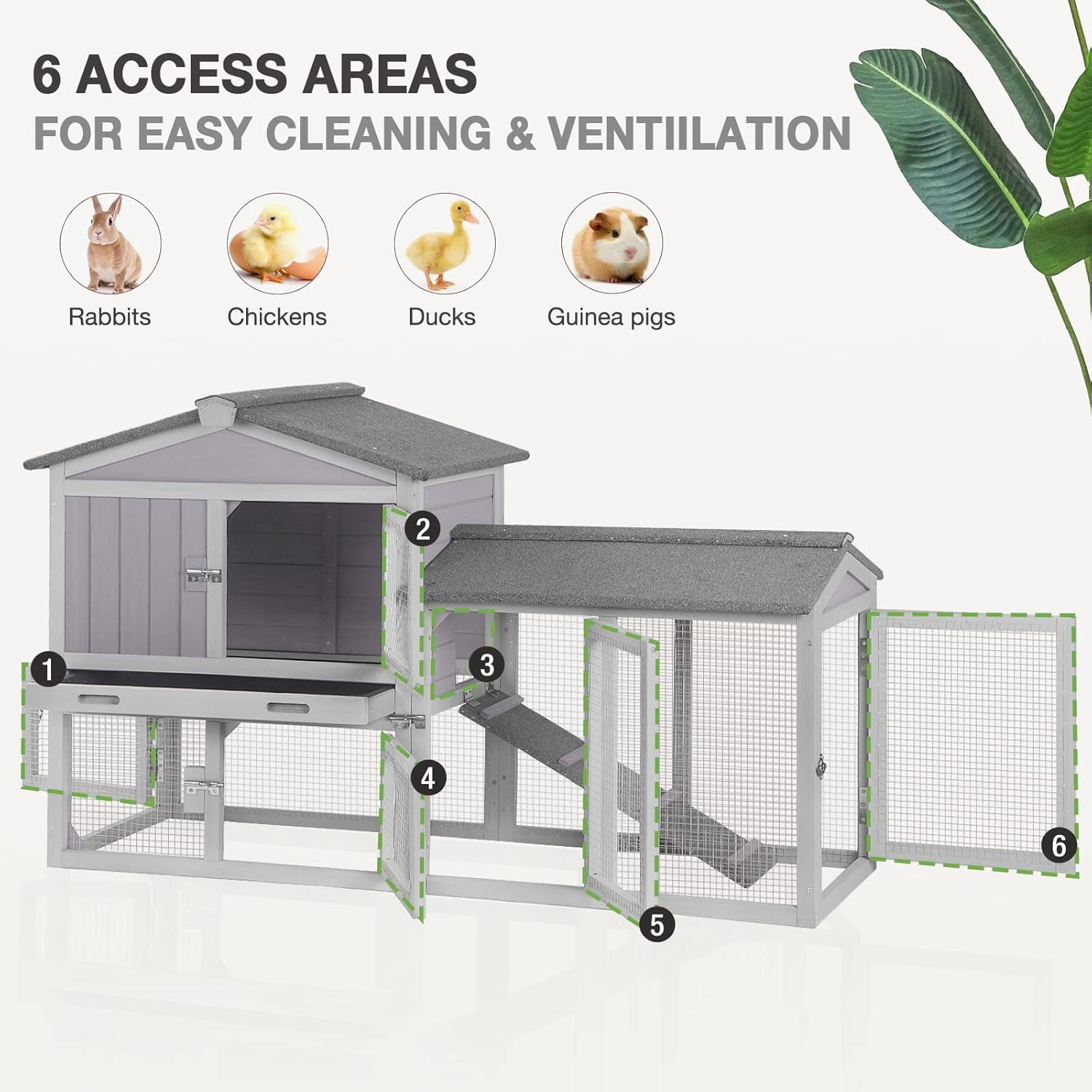Aivituvin Chicken Coop Hen House with Run Outdoor Rabbit Cage Indoor Bunny Hutch with Waterproof Roof Poultry Cage,Rabbit Hutch with No Leakage Pull Out Tray Gray